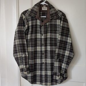 Vtg Amana Woolen Mills Plaid Long Sleeve Button Shirt Medium Mens Brown Tan